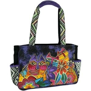 Laurel Burch Whiskered Cats Medium Tote Bag Multicolor‎ 14.5" x 4" x 10"